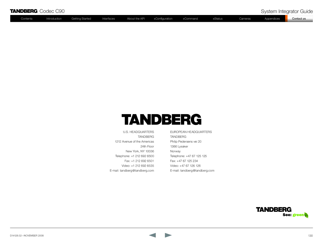 TANDBERG D14128.02 manual Headquarters European Headquarters Tandberg 