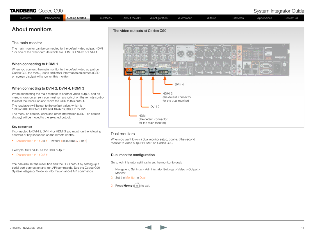 TANDBERG D14128.02 manual About monitors, Main monitor, Dual monitors 