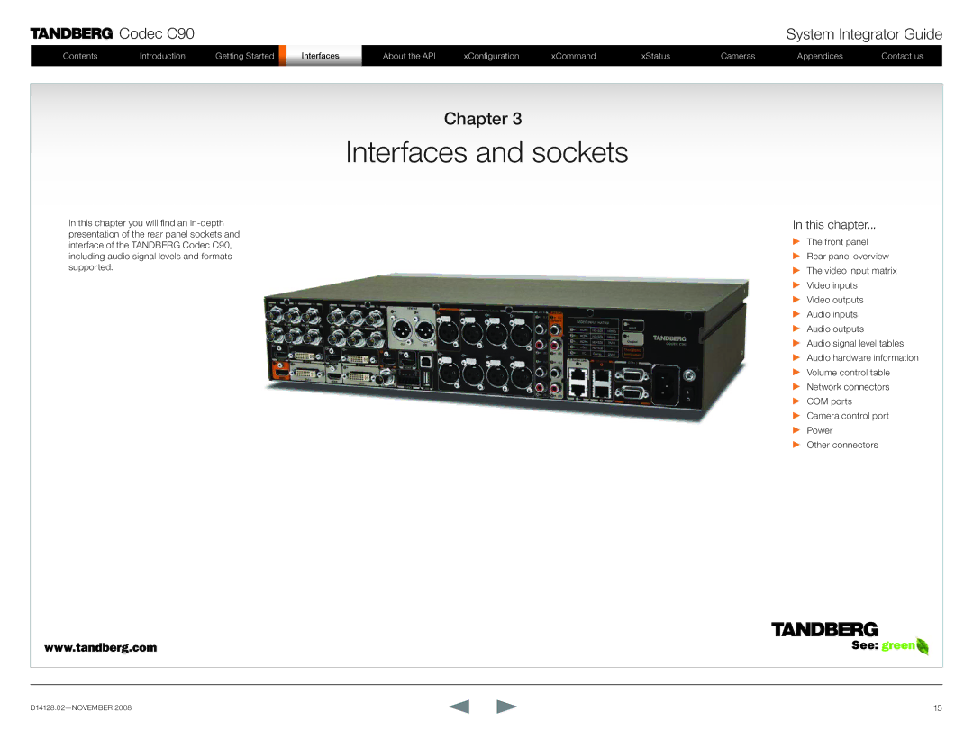 TANDBERG D14128.02 manual Interfaces and sockets 