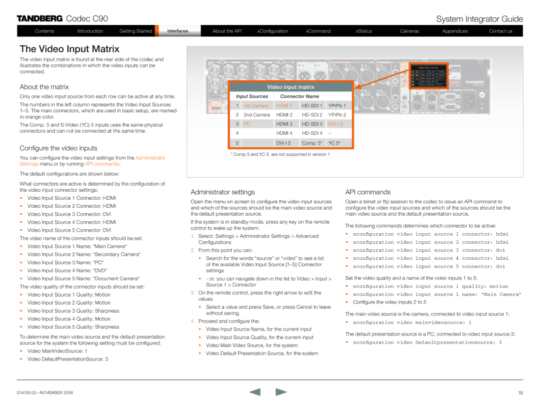 TANDBERG D14128.02 Video Input Matrix, About the matrix, Configure the video inputs, Administrator settings, API commands 