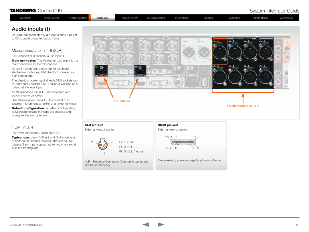 TANDBERG D14128.02 manual Audio inputs, Microphone/Line In 1-8 XLR, Hdmi In 3 