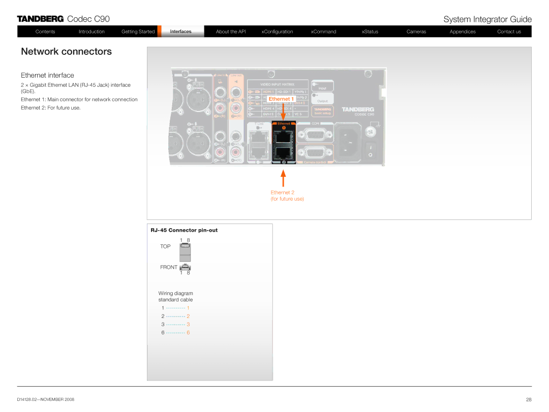 TANDBERG D14128.02 manual Network connectors, Ethernet interface 