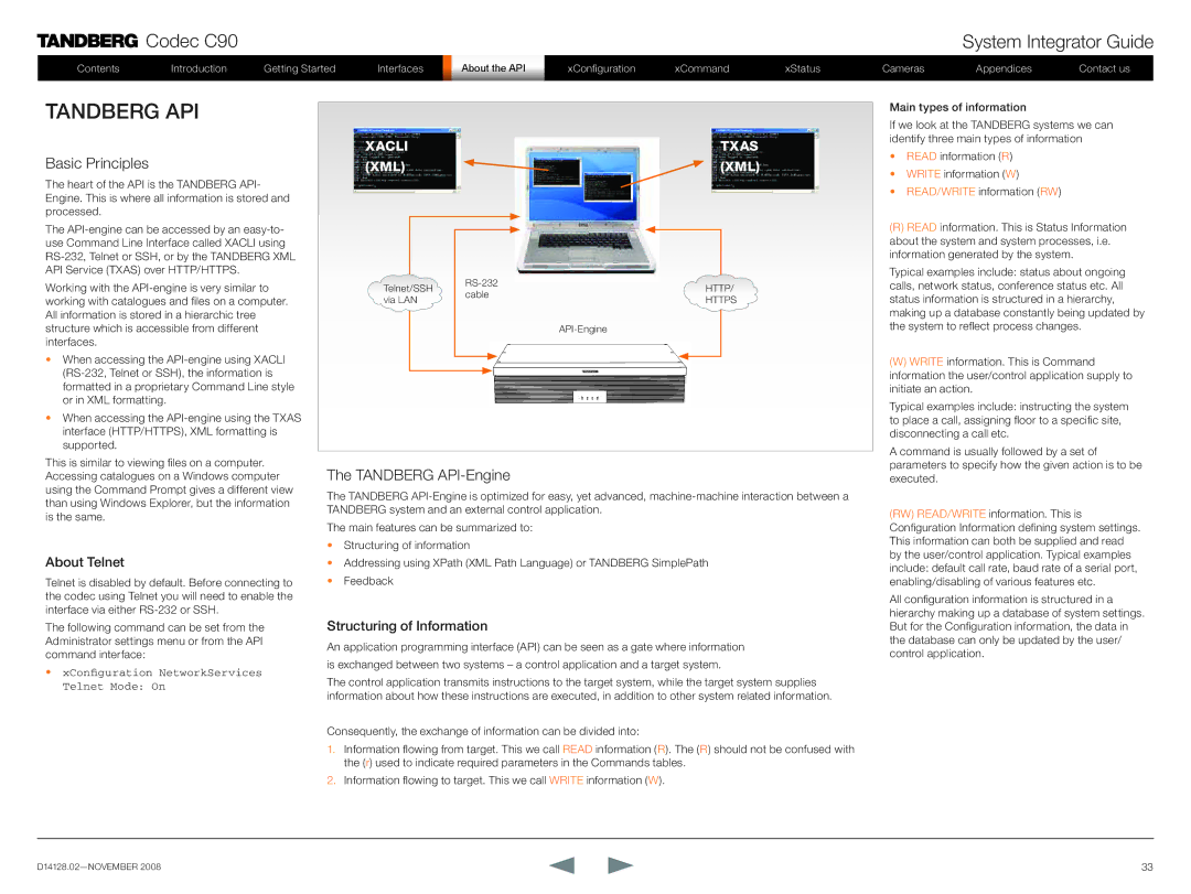 TANDBERG D14128.02 manual Basic Principles, Tandberg API-Engine, About Telnet, Structuring of Information 