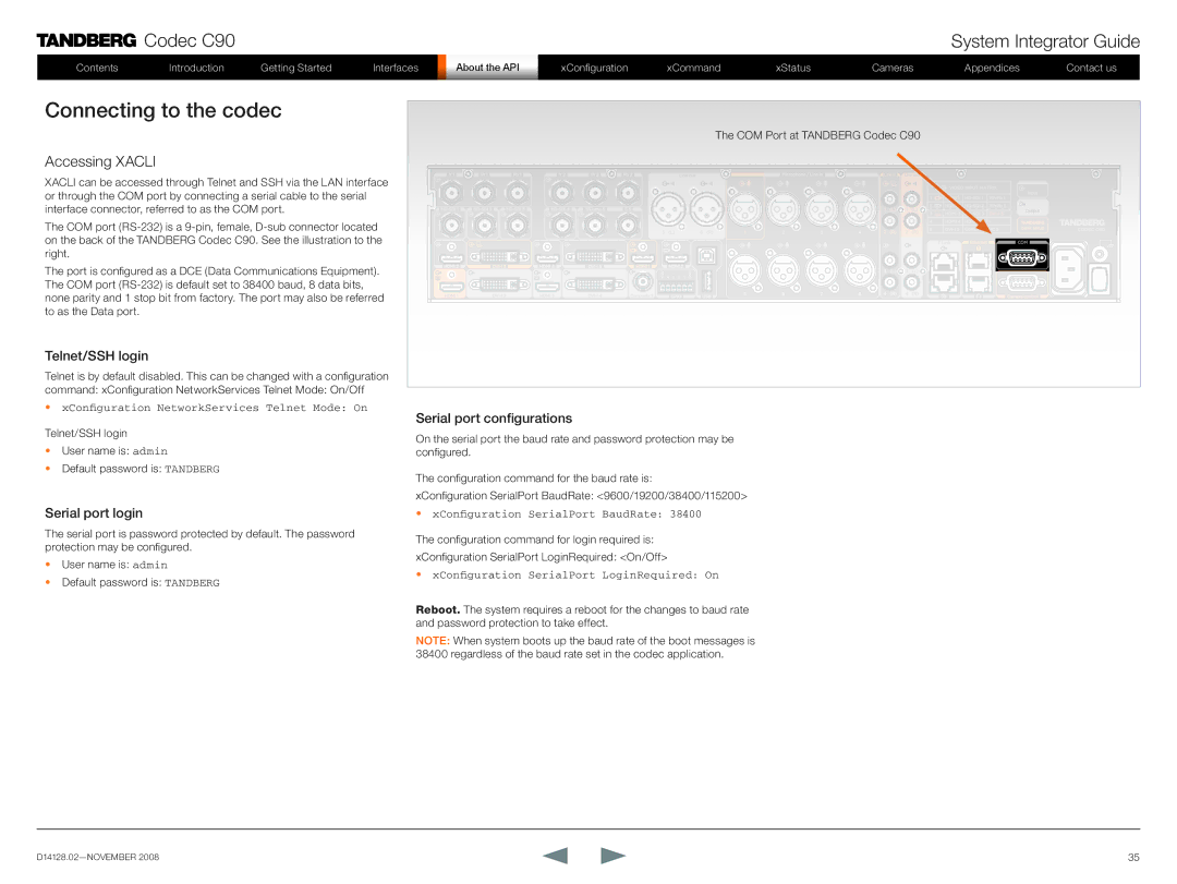 TANDBERG D14128.02 manual Connecting to the codec, Accessing Xacli, Telnet/SSH login, Serial port login 