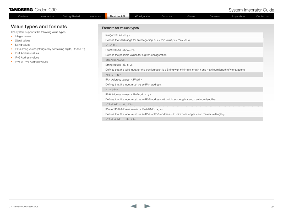 TANDBERG D14128.02 manual Value types and formats, Formats for values types 