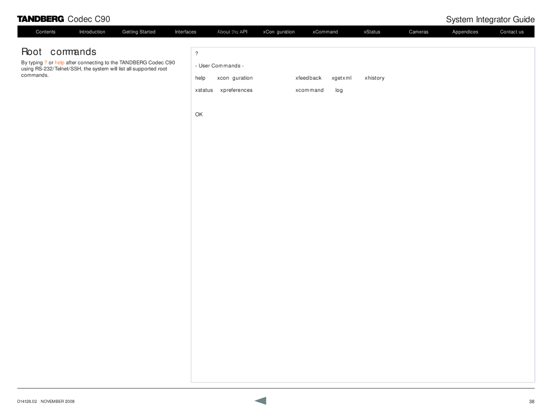 TANDBERG D14128.02 manual Root commands 