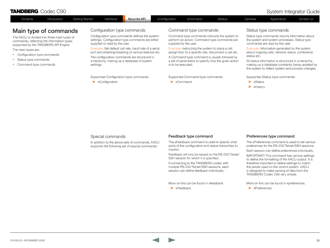 TANDBERG D14128.02 manual Main type of commands, Configuration type commands Command type commands, Status type commands 