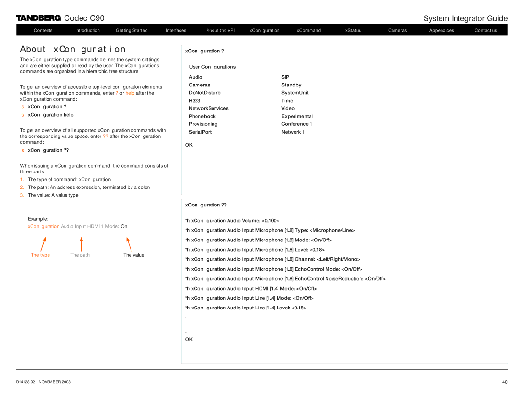 TANDBERG D14128.02 manual About xConfiguration, XConfiguration ? XConfiguration help 