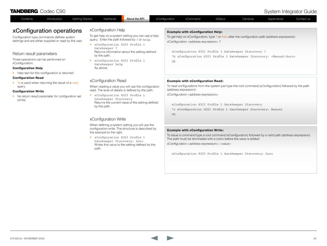 TANDBERG D14128.02 manual XConfiguration operations, Return result parameters, XConfiguration Help­, XConfiguration Read 