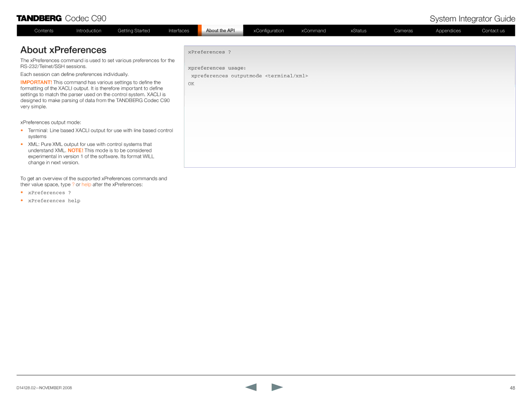 TANDBERG D14128.02 manual About xPreferences 