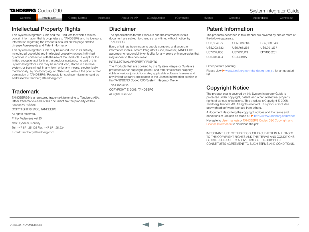 TANDBERG D14128.02 manual Intellectual Property Rights, Trademark, Disclaimer, Patent Information, Copyright Notice 