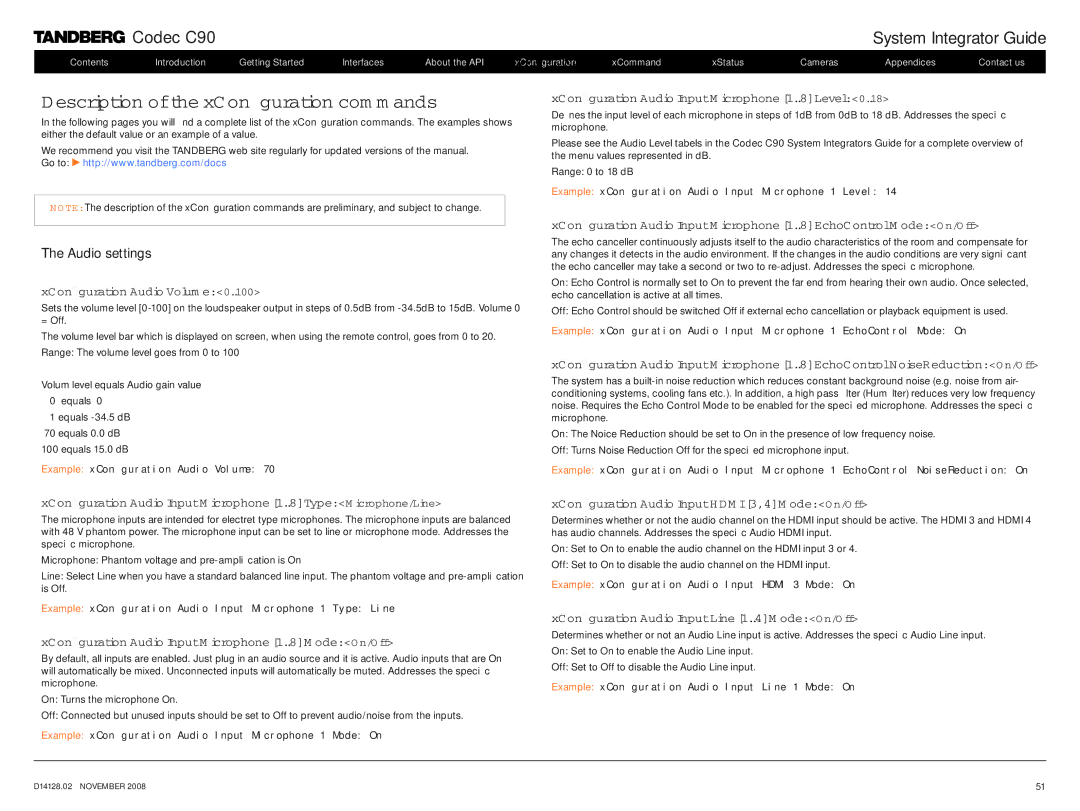 TANDBERG D14128.02 manual Description of the xConfiguration commands, Audio settings 