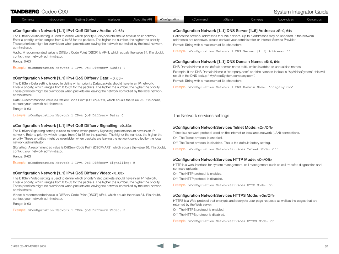 TANDBERG D14128.02 manual Network services settings 