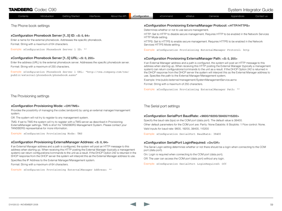 TANDBERG D14128.02 manual Phone book settings, Provisioning settings, Serial port settings 