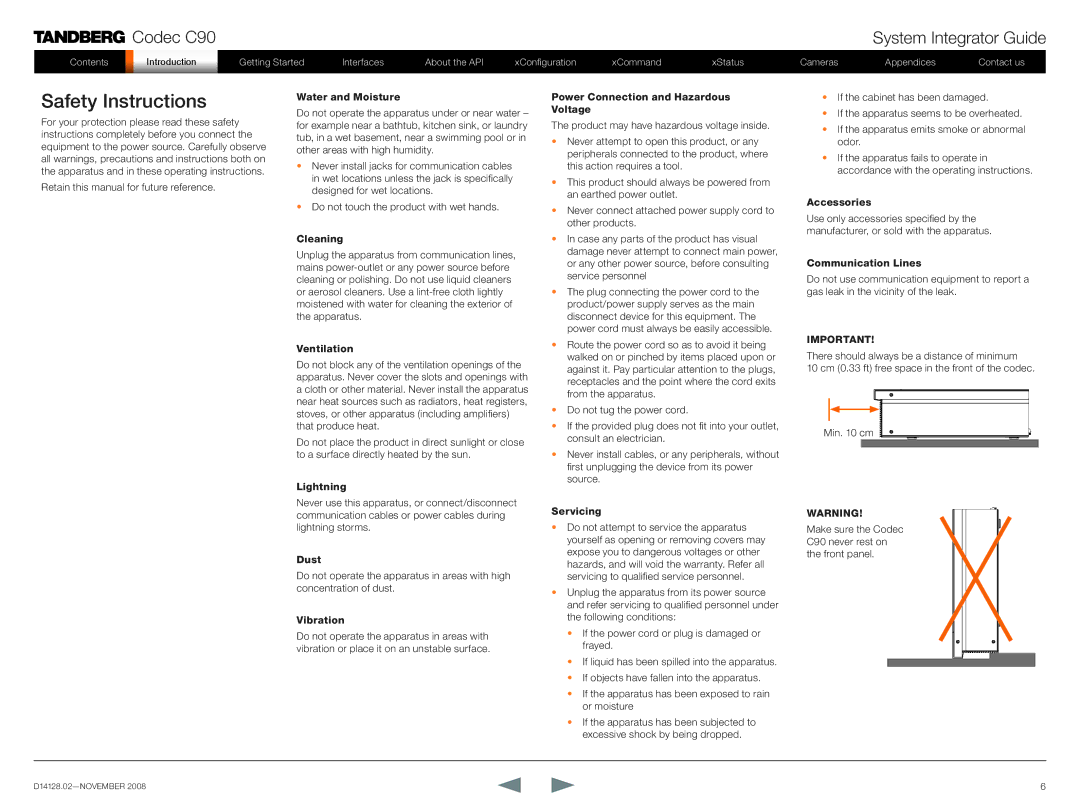 TANDBERG D14128.02 manual Safety Instructions, Water and Moisture 