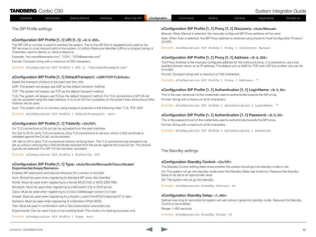 TANDBERG D14128.02 manual SIP Profile settings, Standby settings 