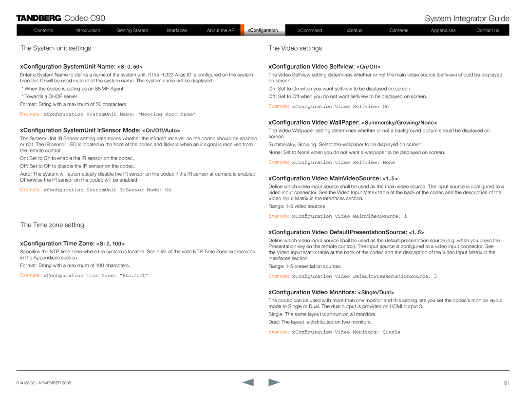 TANDBERG D14128.02 manual System unit settings, Video settings, Time zone setting 