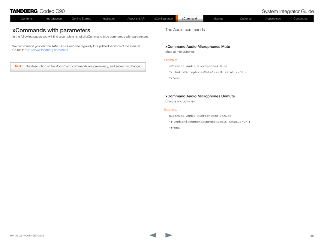TANDBERG D14128.02 manual XCommands with parameters, Audio commands, XCommand Audio Microphones Mute 