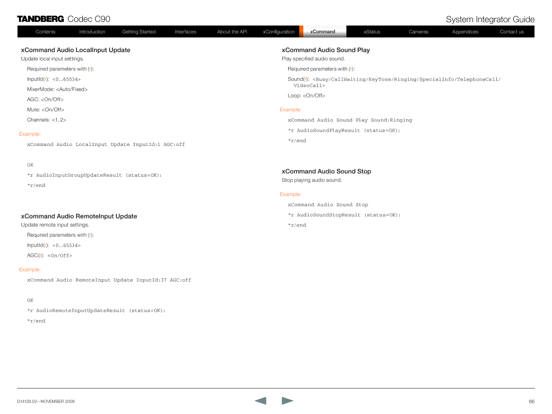 TANDBERG D14128.02 manual XCommand Audio LocalInput Update, XCommand Audio RemoteInput Update, XCommand Audio Sound Play 