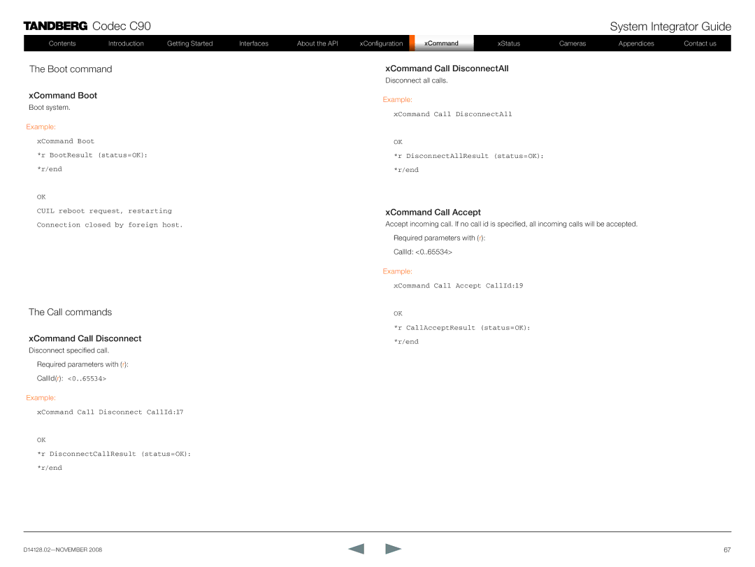 TANDBERG D14128.02 manual Boot command, Call commands 