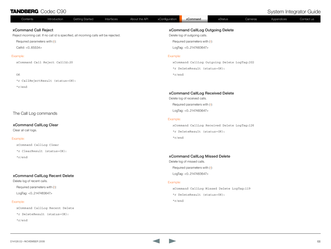TANDBERG D14128.02 manual Call Log commands 