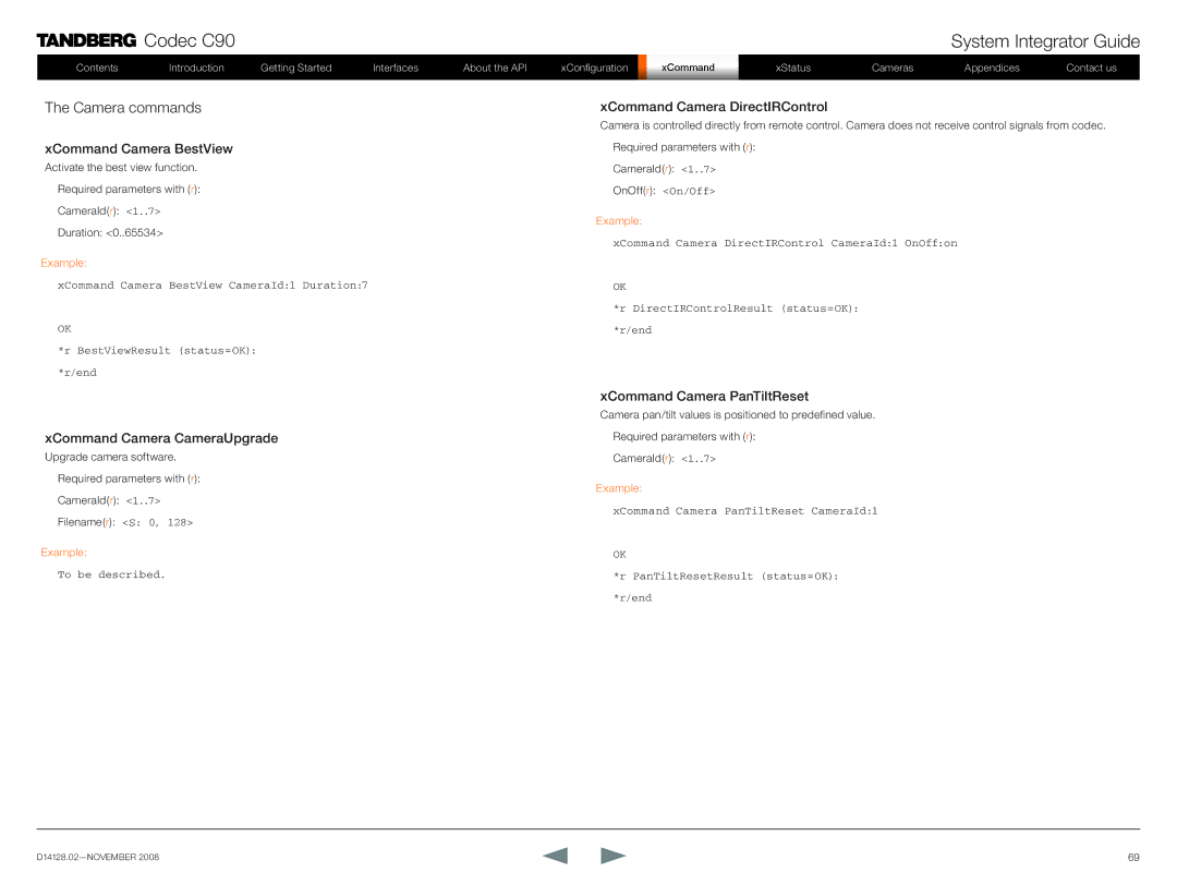 TANDBERG D14128.02 Camera commands, XCommand Camera BestView, XCommand Camera CameraUpgrade, XCommand Camera PanTiltReset 