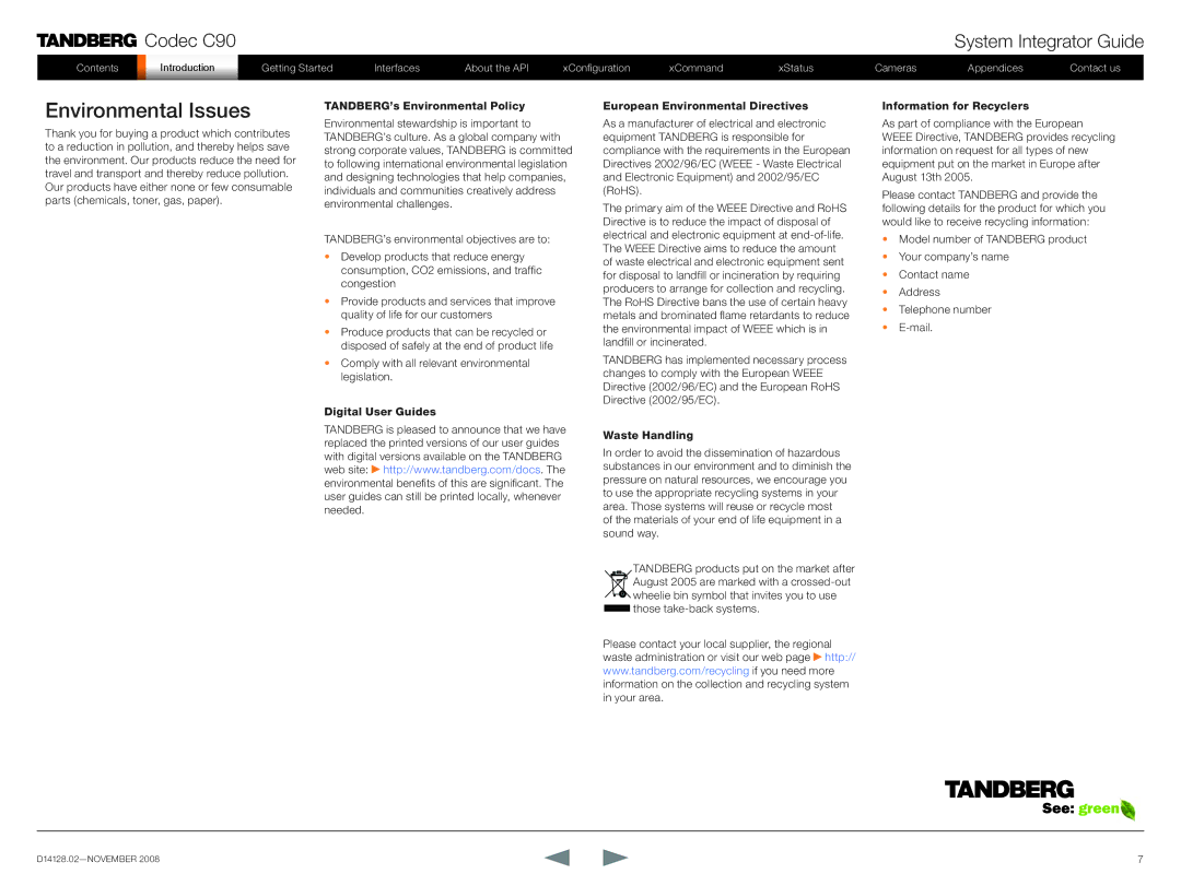 TANDBERG D14128.02 manual Environmental Issues, TANDBERG’s Environmental Policy 