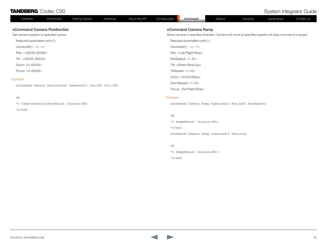 TANDBERG D14128.02 manual XCommand Camera PositionSet, XCommand Camera Ramp 