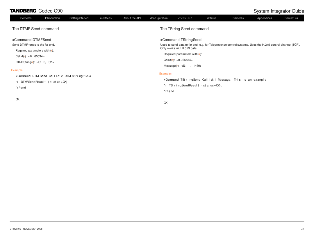 TANDBERG D14128.02 manual Dtmf Send command, TString Send command, XCommand DTMFSend, XCommand TStringSend 