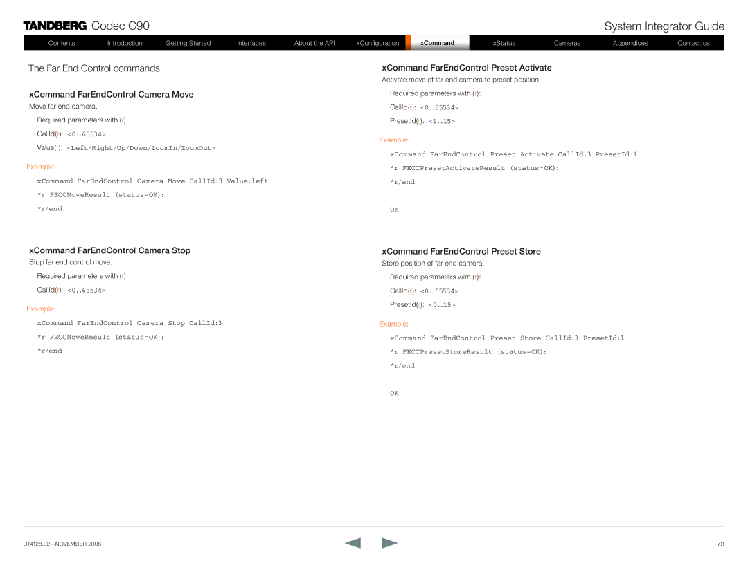 TANDBERG D14128.02 Far End Control commands, XCommand FarEndControl Camera Move, XCommand FarEndControl Preset Activate 