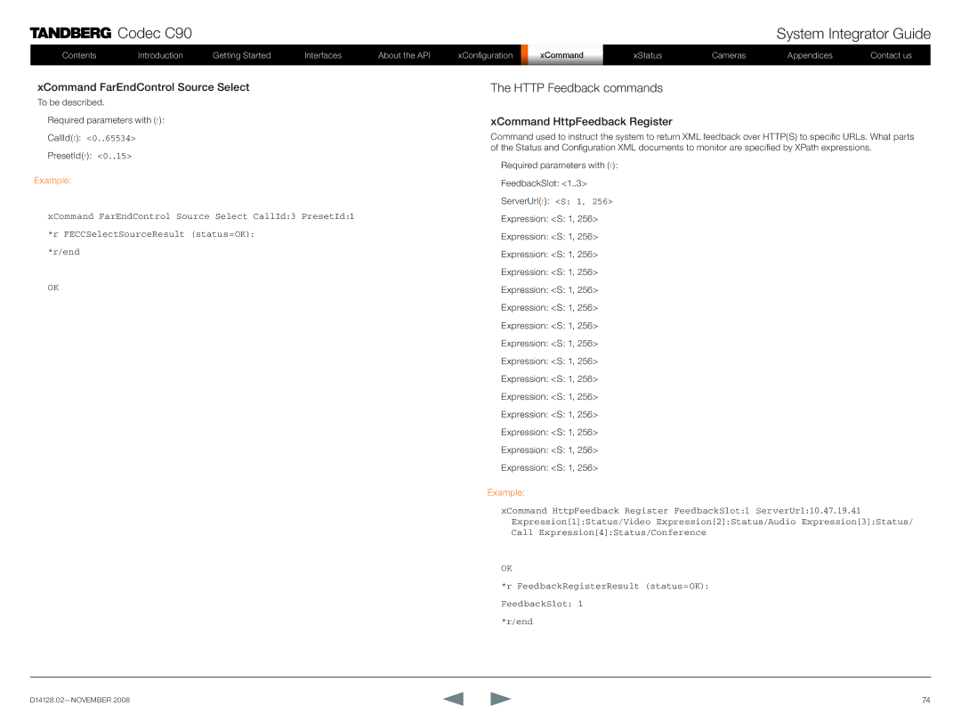 TANDBERG D14128.02 manual Http Feedback commands, XCommand FarEndControl Source Select, XCommand HttpFeedback Register 