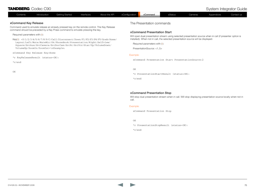 TANDBERG D14128.02 Presentation commands, XCommand Key Release, XCommand Presentation Start, XCommand Presentation Stop 