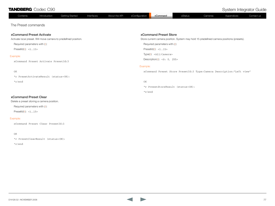 TANDBERG D14128.02 manual Preset commands, XCommand Preset Activate XCommand Preset Store, XCommand Preset Clear 