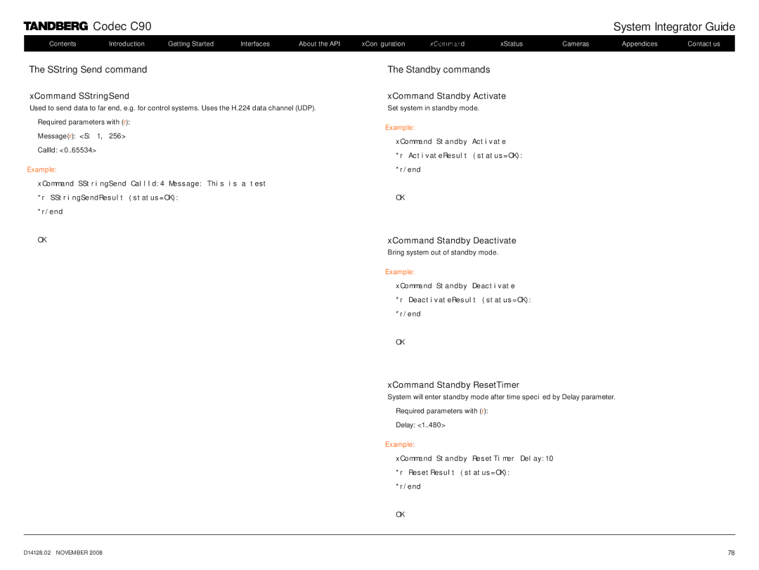 TANDBERG D14128.02 manual SString Send command, Standby commands 