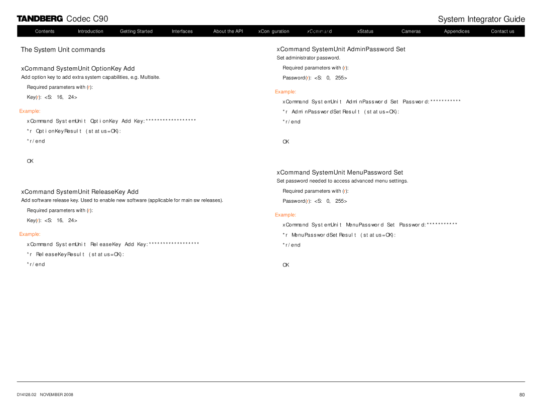 TANDBERG D14128.02 manual System Unit commands, XCommand SystemUnit OptionKey Add, XCommand SystemUnit AdminPassword Set 