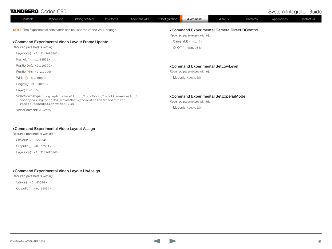 TANDBERG D14128.02 manual XCommand Experimental Video Layout Frame Update, XCommand Experimental Video Layout Assign 