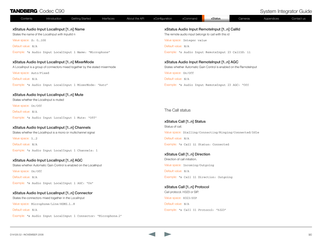 TANDBERG D14128.02 manual Call status 