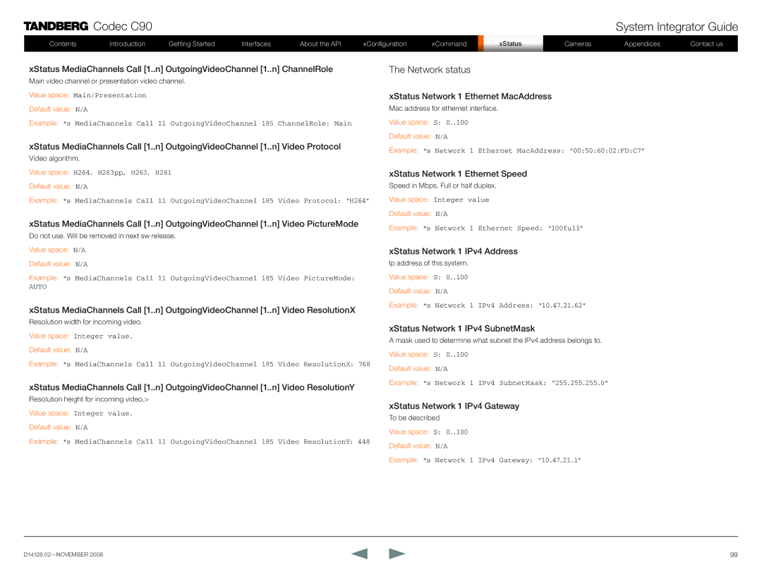 TANDBERG D14128.02 manual Network status 