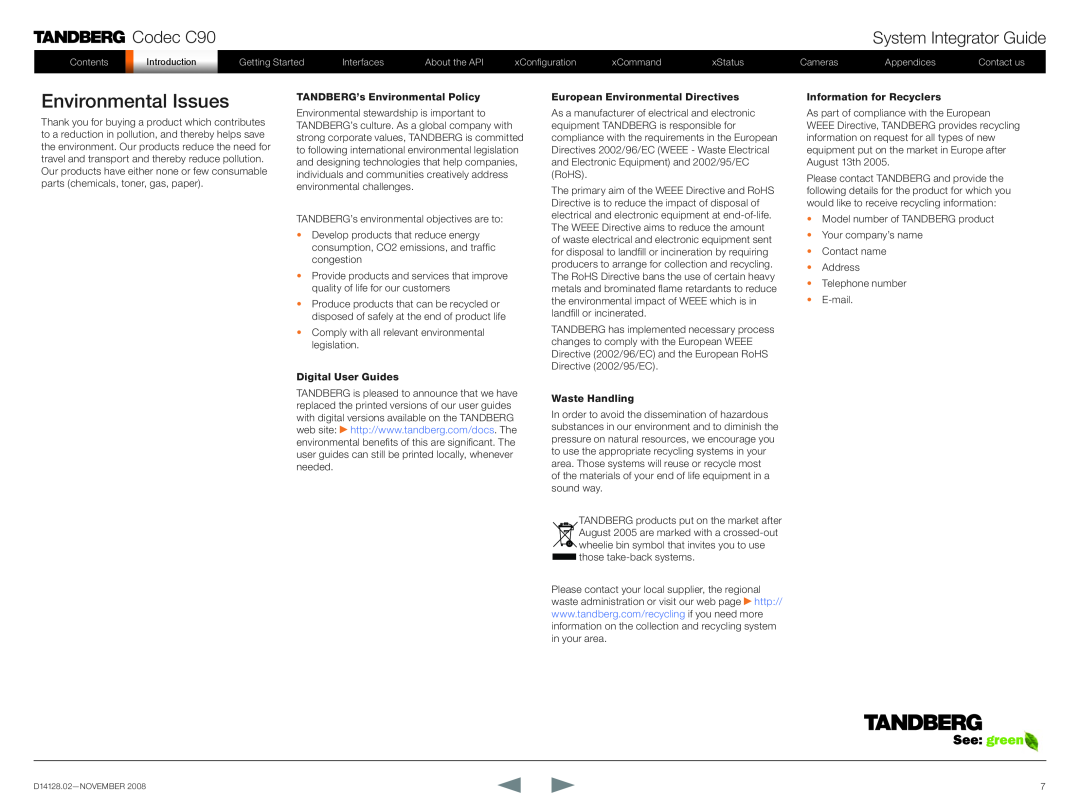TANDBERG D14128.02 manual Environmental Issues, Codec C90, System Integrator Guide, TANDBERG’s Environmental Policy 