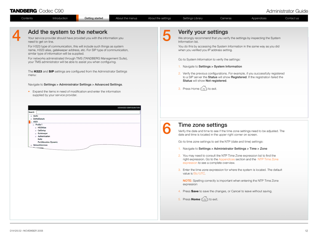 TANDBERG D14129.02 manual Add the system to the network, Verify your settings, Time zone settings 