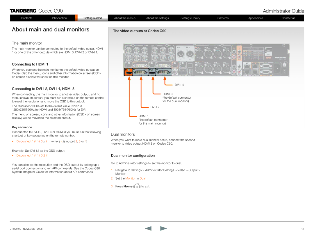 TANDBERG D14129.02 manual About main and dual monitors, Main monitor, Dual monitors 