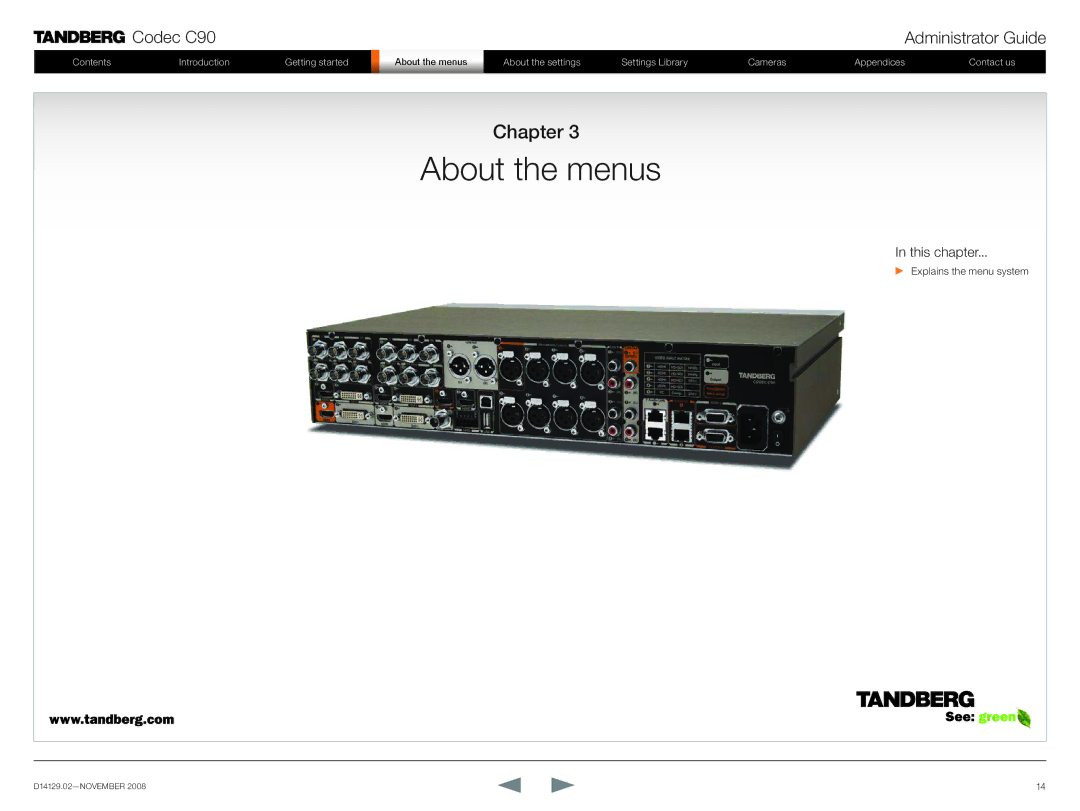 TANDBERG D14129.02 manual About the menus, Chapter 