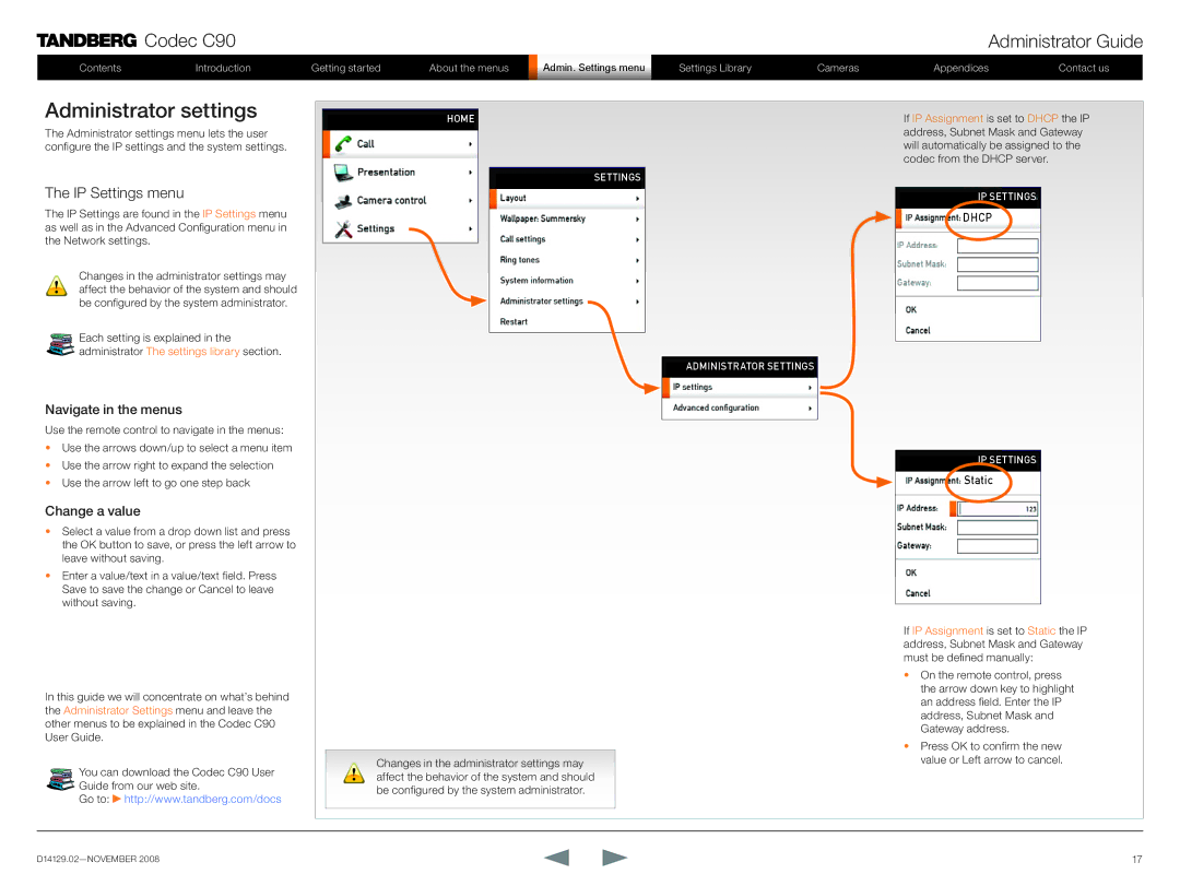 TANDBERG D14129.02 manual Administrator settings, IP Settings menu 