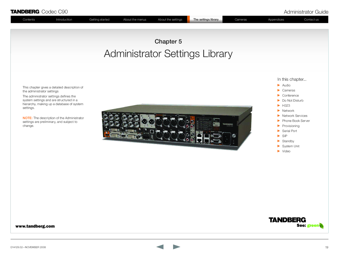 TANDBERG D14129.02 manual Administrator Settings Library, Chapter 