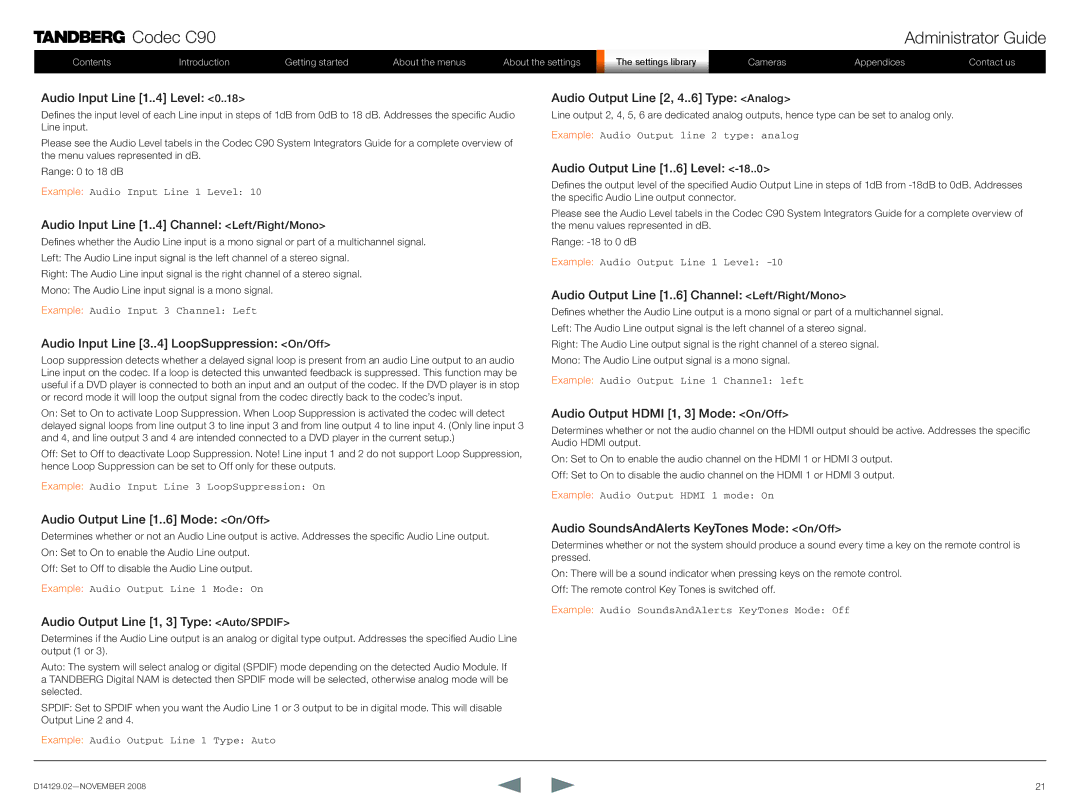 TANDBERG D14129.02 Audio Input Line 1. Level, Audio Input Line 1. Channel Left/Right/Mono, Audio Output Line 1. Level 