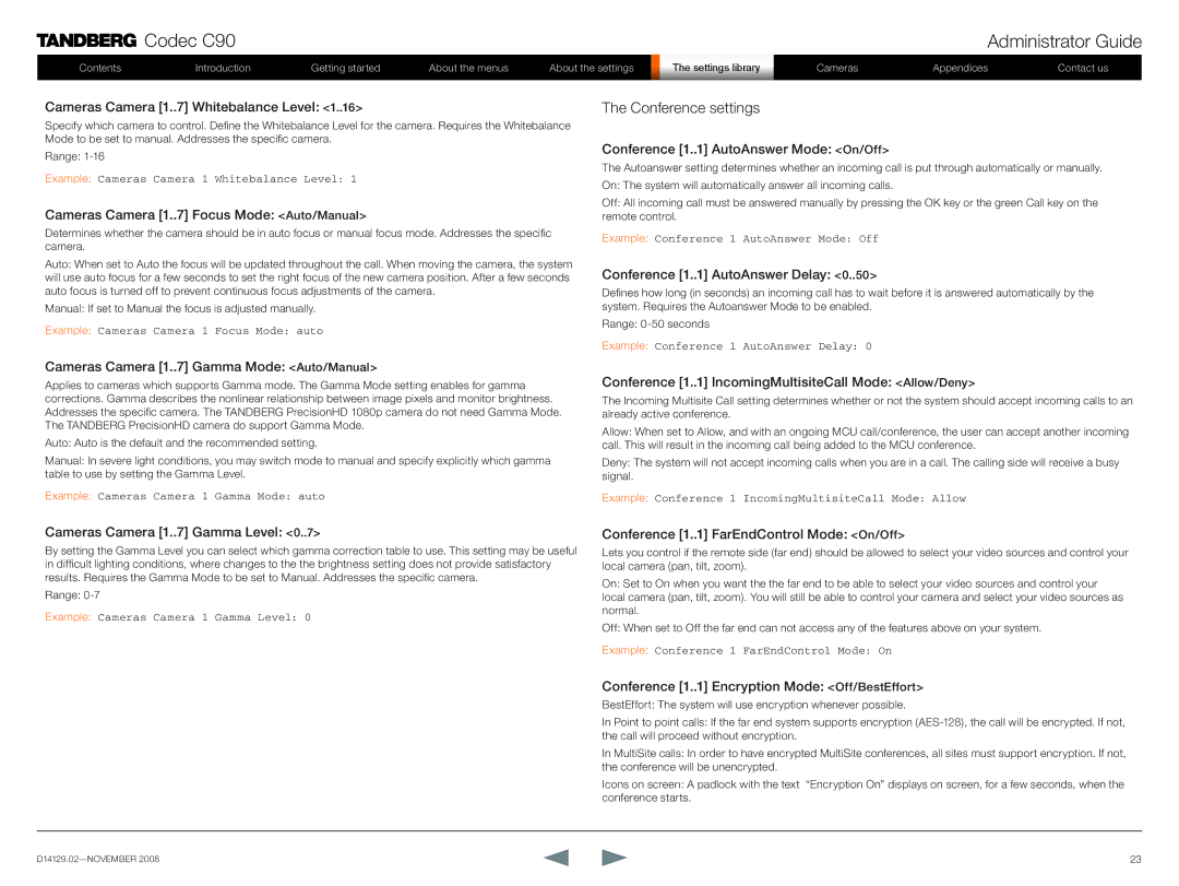 TANDBERG D14129.02 manual Conference settings 