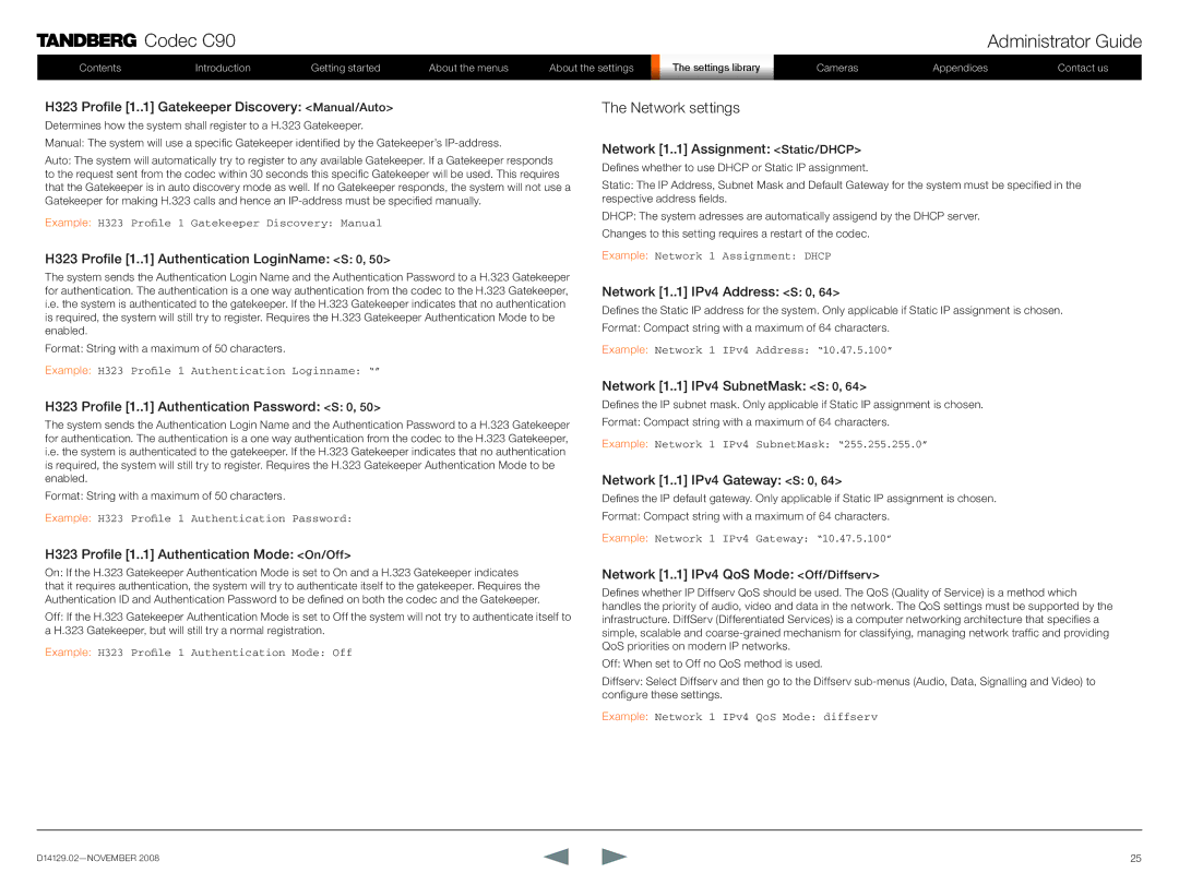 TANDBERG D14129.02 manual Network settings 