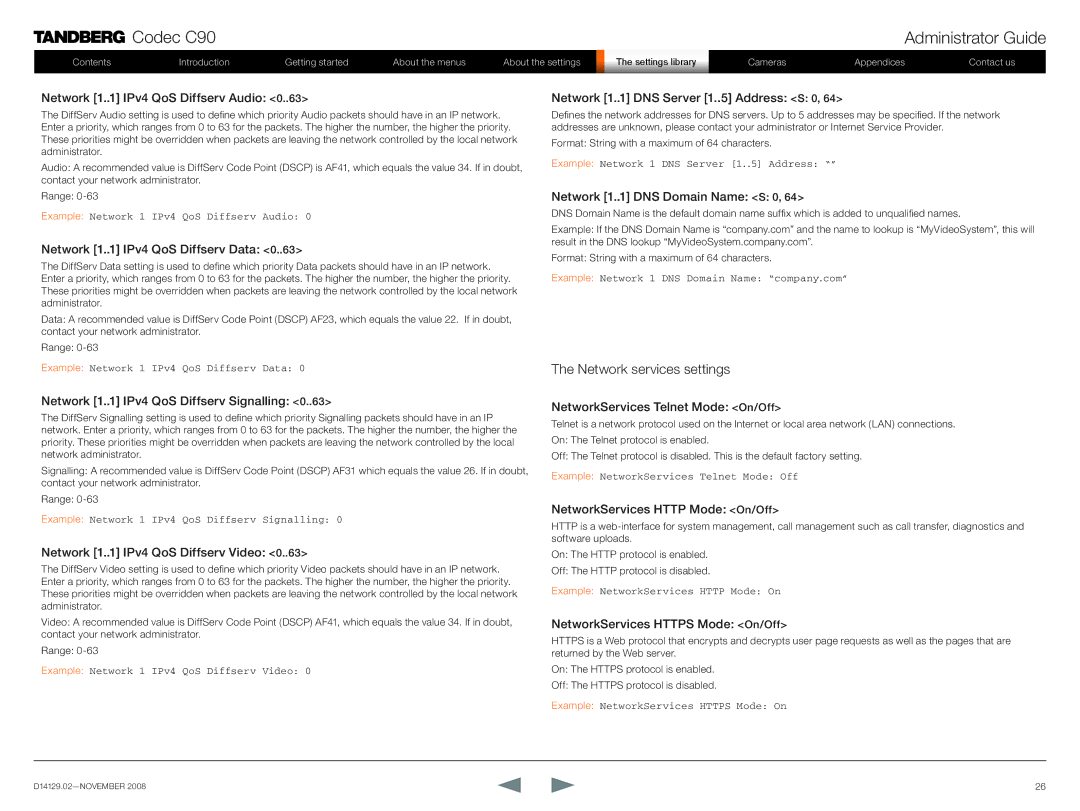 TANDBERG D14129.02 manual Network services settings 