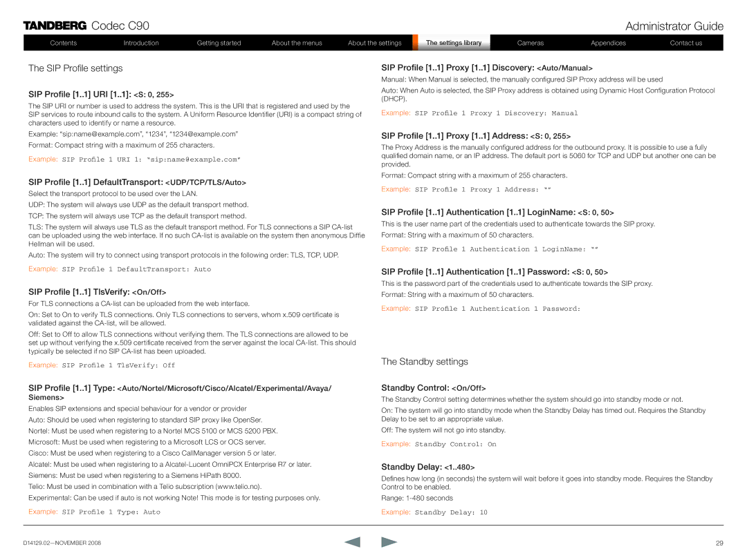 TANDBERG D14129.02 manual SIP Profile settings, Standby settings 