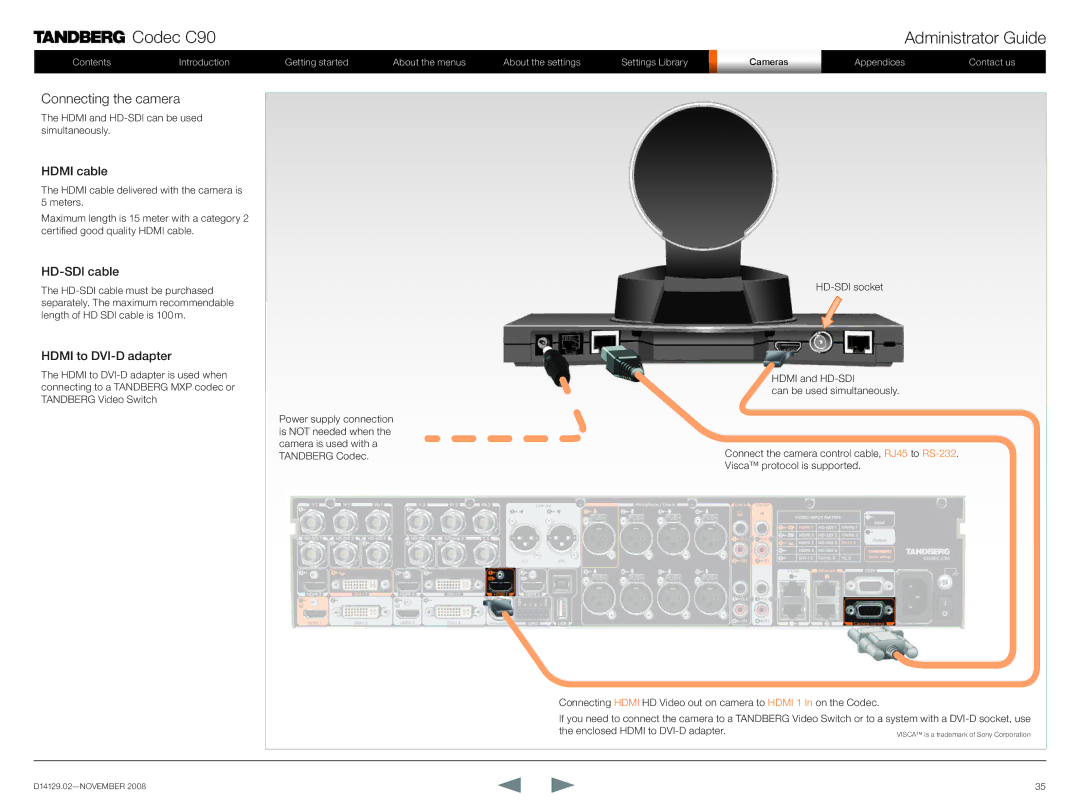 TANDBERG D14129.02 manual Connecting the camera, Hdmi cable, HD-SDI cable, Hdmi to DVI-D adapter 